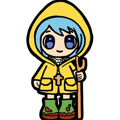 Luce, the main mascot of the Catholic church's 2025 jubilee. she is a girl with pale skin and blue hair in a yellow raincoat with muddy boots. She carries a walking stick and wears a rosary.